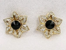 Nina Ricci Gold Tone Clip Earrings Faux Black Onyx Crystals Signed
