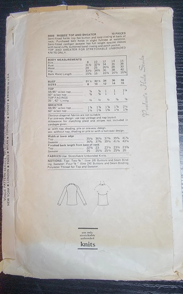 Vintage Vogue Patterns 8609 Women's Halter Top and Sweater Size 12 Partially Cut - Image 2 of 4