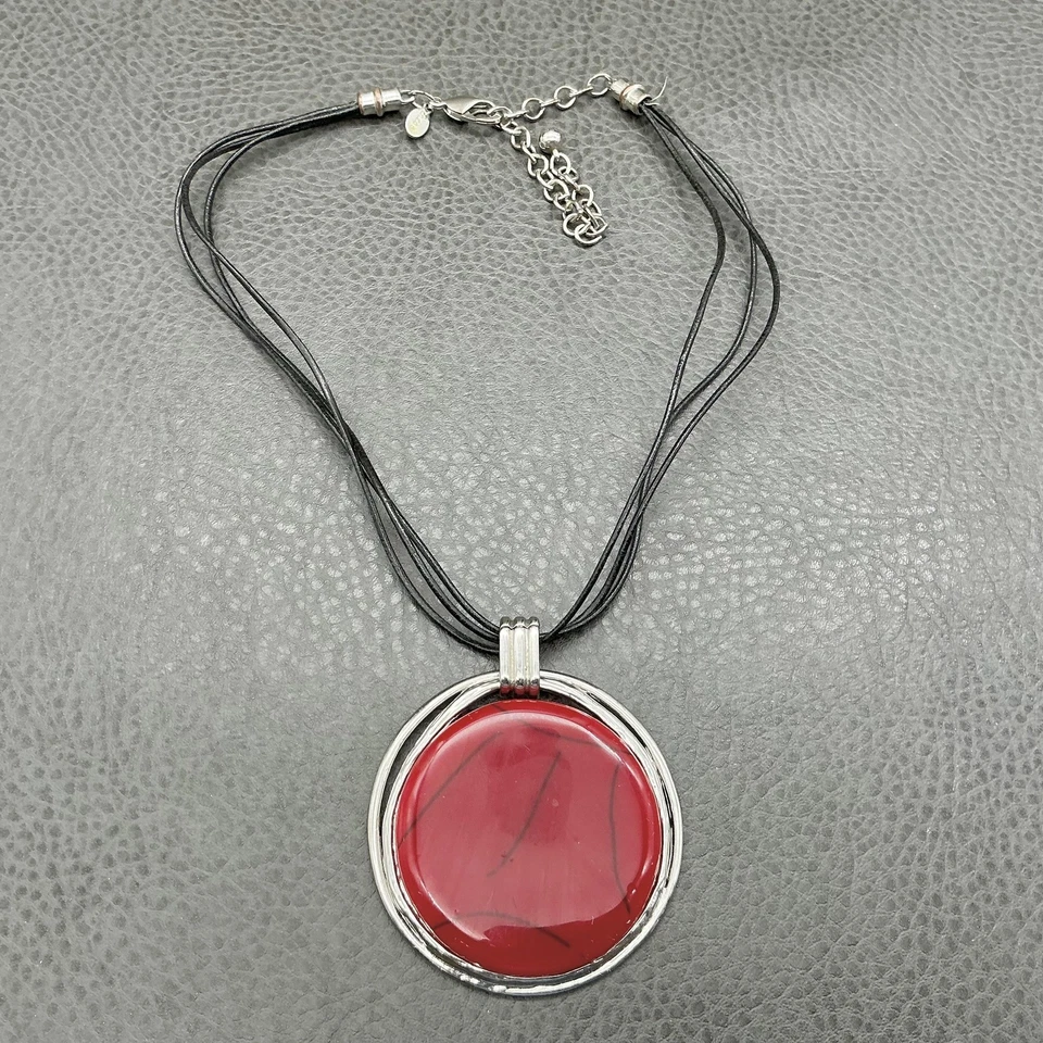 Chico's Statement Pendant Necklace Red Resin Silver Tone Multistrand Black Cord - Image 2 of 4