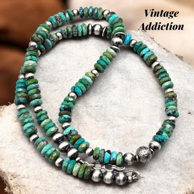 Hubei Turquoise Sterling Navajo Pearl Necklace Southwest Stamped Faceted Squash