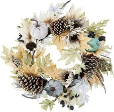 Fall Wreath 24 Inch Round Rustic White Velvet Pumpkin Sunflower Door Decor