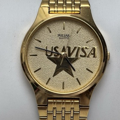 Vintage Pulsar Gold-Tone Analog Dress Watch US Visa Logo V501-8A50 - New Batt