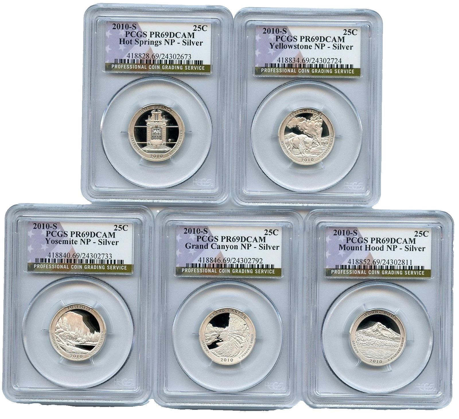2010 S Silver National Parks 5 Quarter Set PCGS PR69DCAM Newly Graded 25c Coins