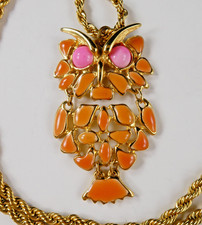 Bright Orange Enamel OWL Pendant w/ Pink Eyes Gold Tone Chain Cute Whimsical