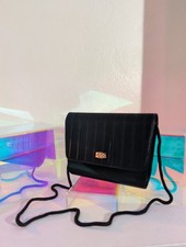 Vintage ELKA Black Evening Bag Pleated Satin Chain Strap Clutch Formal Purse
