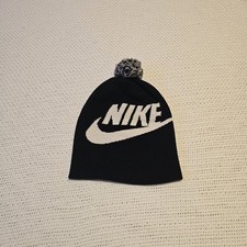 Nike Toboggan Beanie Skull Cap Black White Knit Fleece Swoosh Logo Pom Pom
