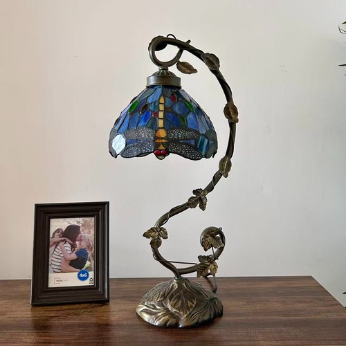 Tiffany Style Table Lamp Blue Stained Glass Dragonfly LED Bulb 11"W*8"D*21"H - Picture 6 of 8