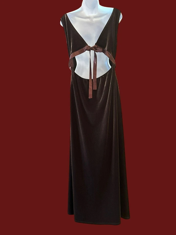 Maxi Vestido Vintage CDC Marrón Terciopelo Talla 14 Elegante Minimalista Gótico Ropa de Noche Foto 3 de 4