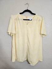 Liz Claiborne Women's Yellow Floral V-Neck Short Sleeve Peasant Blouse Large