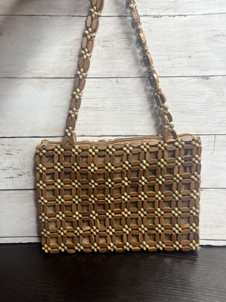 Wood beaded Handbag Purse double straps Bead Design