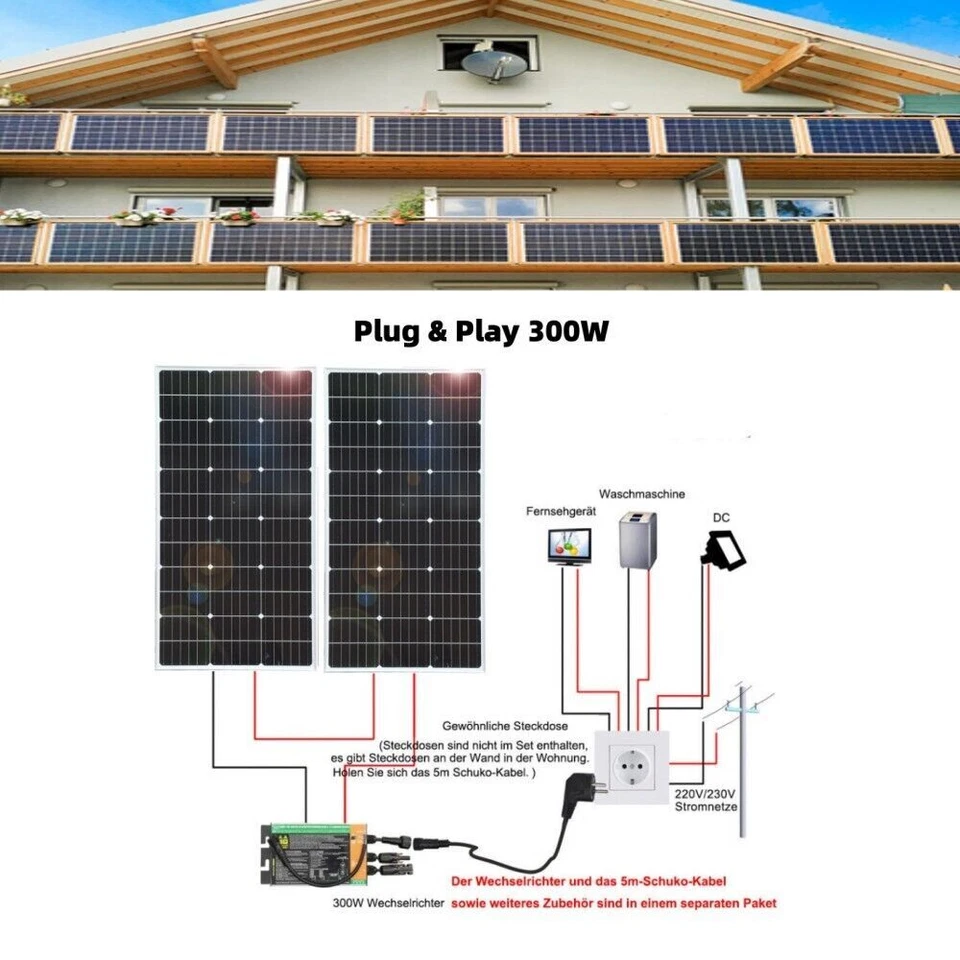 Solarmodul 200W Mono Solarpanel Balkonkraftwerk 230V Wechselrichter 2x100W - Bild 2 von 4