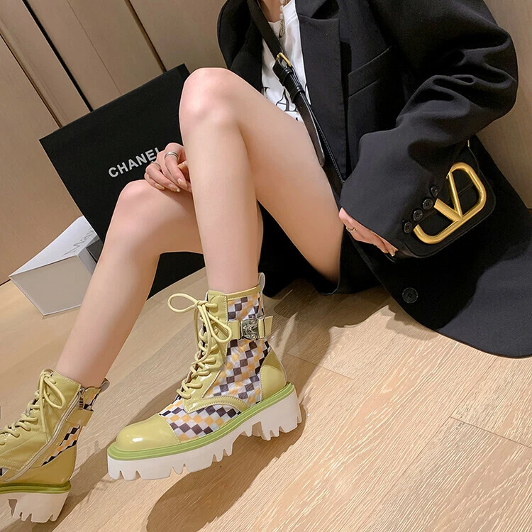 Mujeres Nuevo Moda Cuero Cuadros Con cordones Plataforma Combate Botines Zapatos EAO Foto 3 de 4