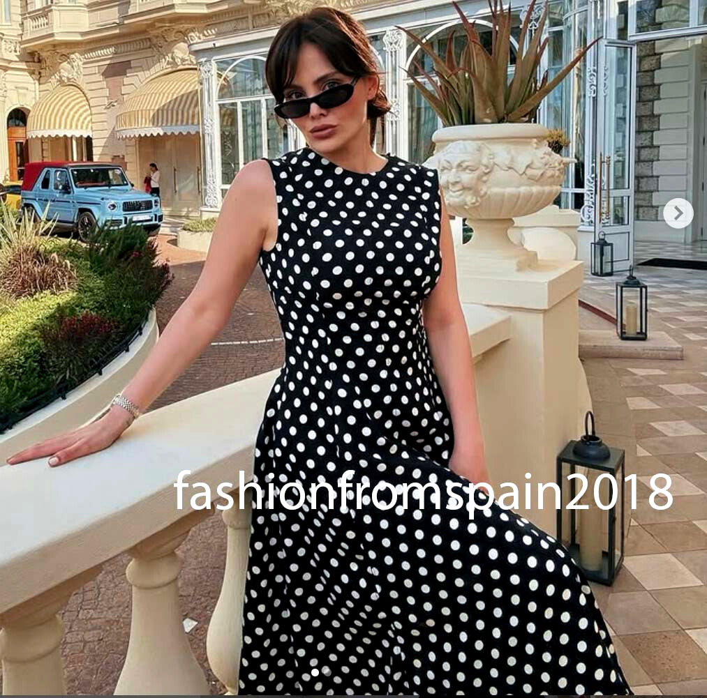 ZARA NEW WOMAN POLKA DOT MIDI DRESS ZW COLL FLARED HEM BLACK