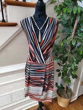 Max & Cleo Striped Polyester V-Neck Short Sleeve Knee Length Wrap Dress Size M