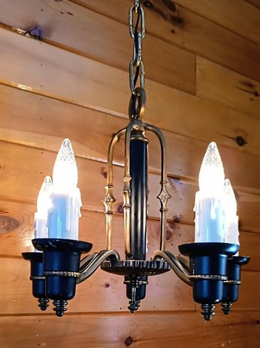 Antique 1920s 30s Art Deco Machine Age Gatsby Cast Bronze Chandelier Light Vtg - Picture 7 of 24