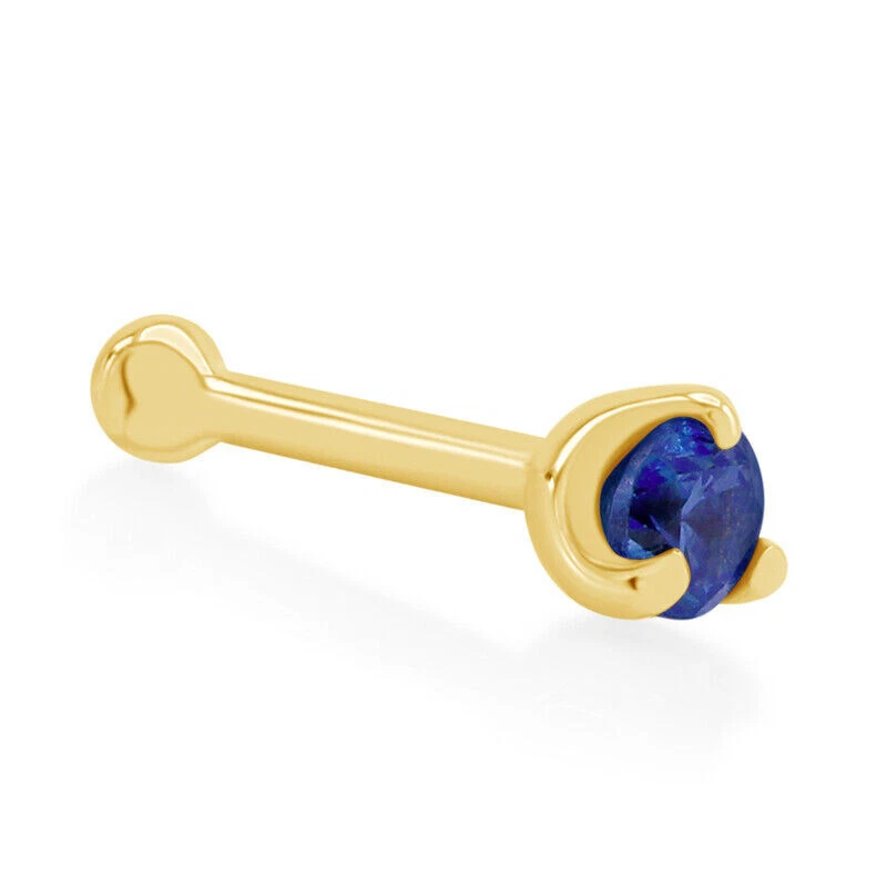 2mm Nose Stud Bone Pin Round Cut Simulated Blue Sapphire Solid 14K Yellow Gold - Image 4 of 4