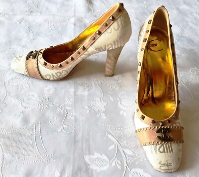 AUTHENTIC ITALY JUST CAVALLI LOGO LEATHER CANVAS BRASS WOMENS SHOES US 8.5 EU 39