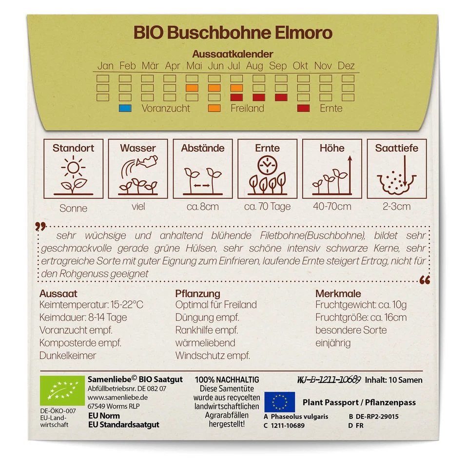 BIO Bohnen Samen Sorte Elmoro Gemüsesamen BIO Gemüse Saatgut samenfeste Bohnensa - Bild 2 von 4