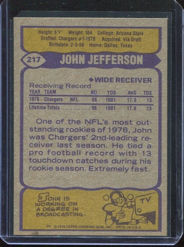 1979 Topps Football # 217 John Jefferson (NM-MT) Near Mint to Mint - Picture 2 of 2