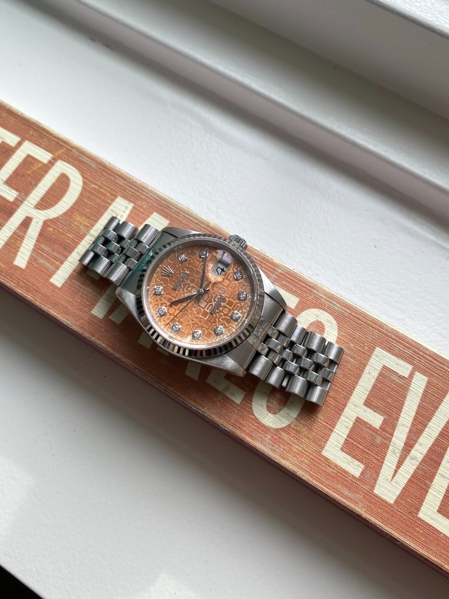 Rolex Datejust Reference 16234G 90s Factory Jubilee Salmon Diamond