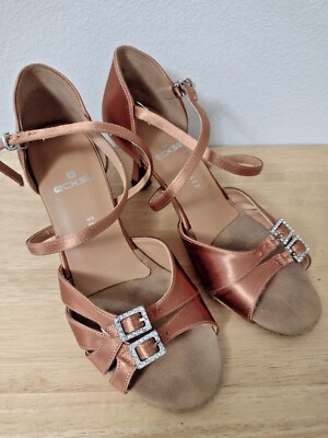 ECKSE Tan Satin Ballroom Latin Shoe Rhinestone Buckles Size 6.5 