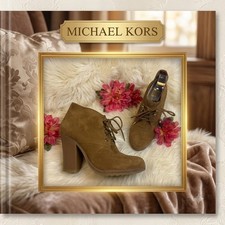 Michael Kors Botines de Gamuza Tostada con Cordones 7 Tacón Bloque Suela Dorada Herrajes