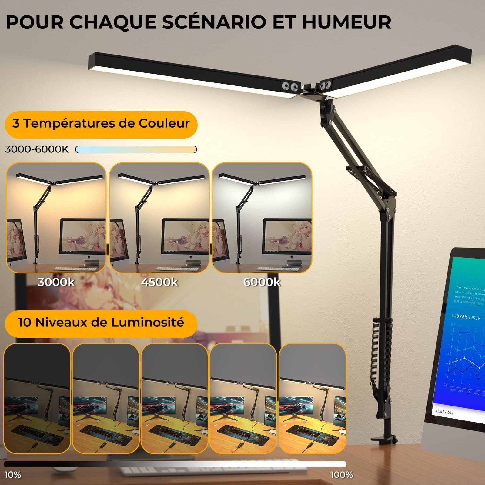 Double tête lampe lecture 2000LM à intensité réglable pour architecte
