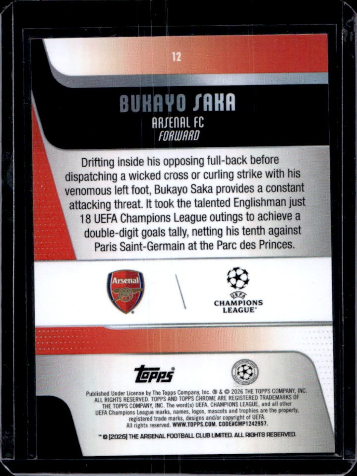 2025-26 Topps Chrome UEFA CC Bukayo Saka Blue Lava Refractor #/150 Arsenal view 2