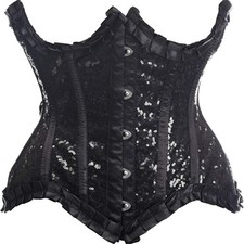Daisy Corsets Top Drawer Black Satin Sequin Underwire Curvy Steel Boned Cincher