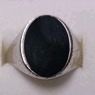 Handmade Italian Studio 925 Silver Men's Signet Ring Black Oval Stone Size 11