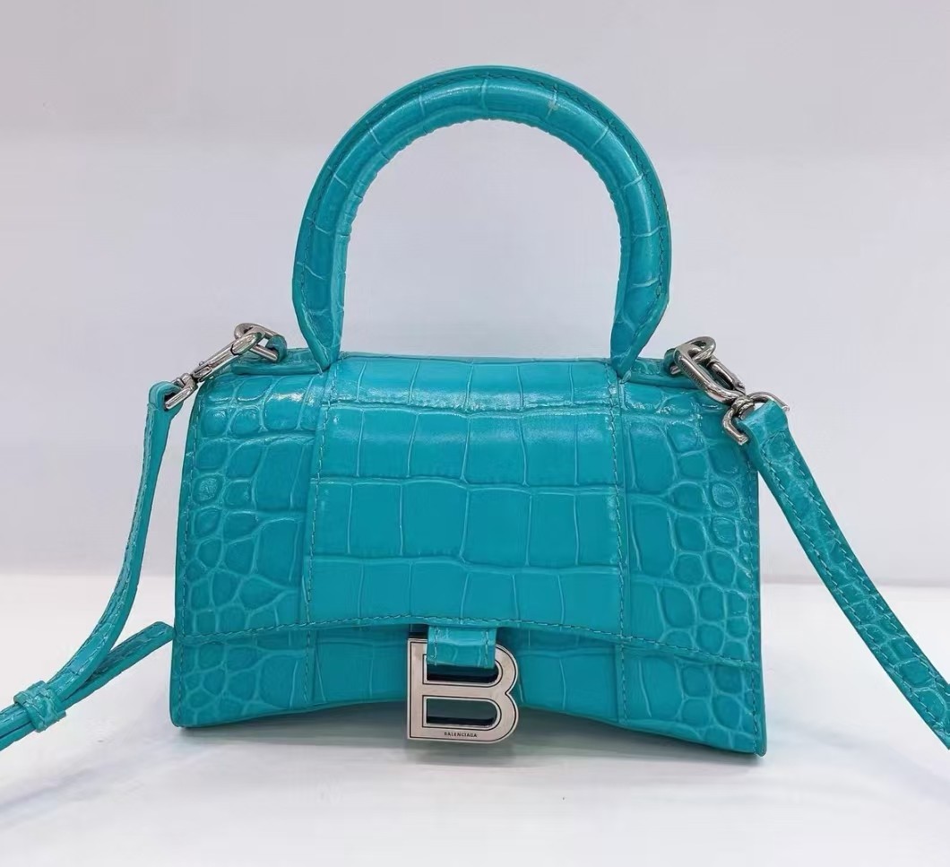 BALENCIAGA Hourglass XS ハンドバッグ ブルー Balenciaga Hourglass Xs Crocodile Embossed Calfskin Blue Silver