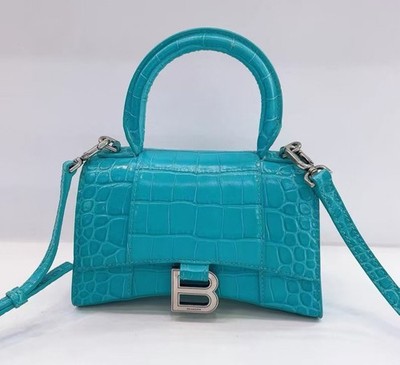 BALENCIAGA Hourglass XS ハンドバッグ ブルー Balenciaga Hourglass Xs Crocodile Embossed Calfskin Blue Silver