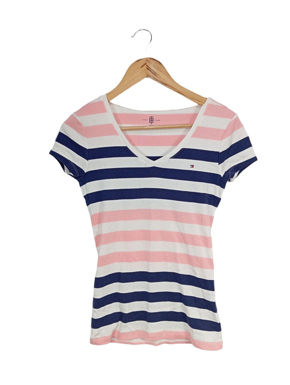 TOMMY HILFIGER Ringelshirt Damen Shirt Gr. DE 34 pink-weiß-blau Casual-Look