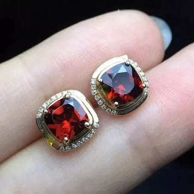 4Ct Cushion Cut Lab Created Red Garnet Halo Stud Earrings 14k Yellow Gold Plated