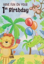 AGE ONE 1ST BOY HAPPY BIRTHDAY GREETING CARD 7"X5" CUTE LION CROCODILE MONKEY