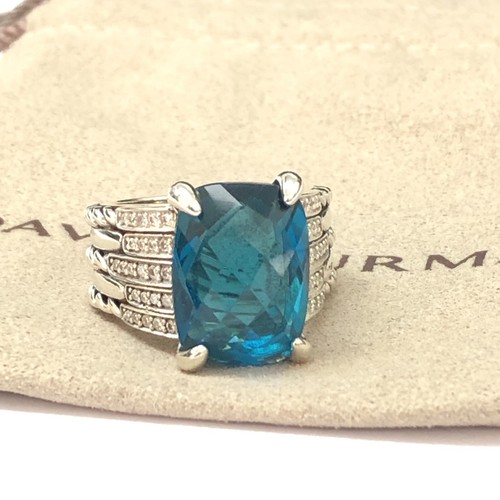 David Yurman Sterling Silver Tides 16x12mm Hampton Blue & Diamond Ring Size 7