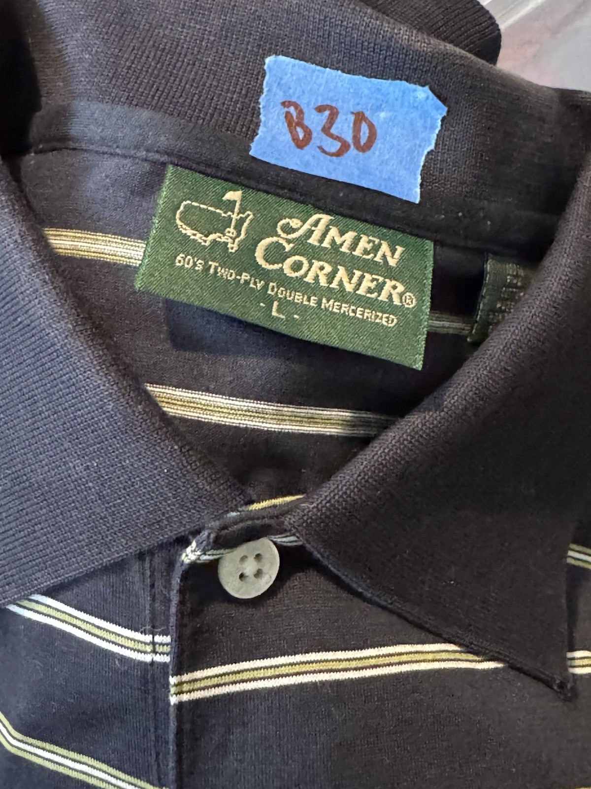 MASTERS  Amen Corner Collection Golf Polo Mens Blue White Striped Pima Shirt image 3