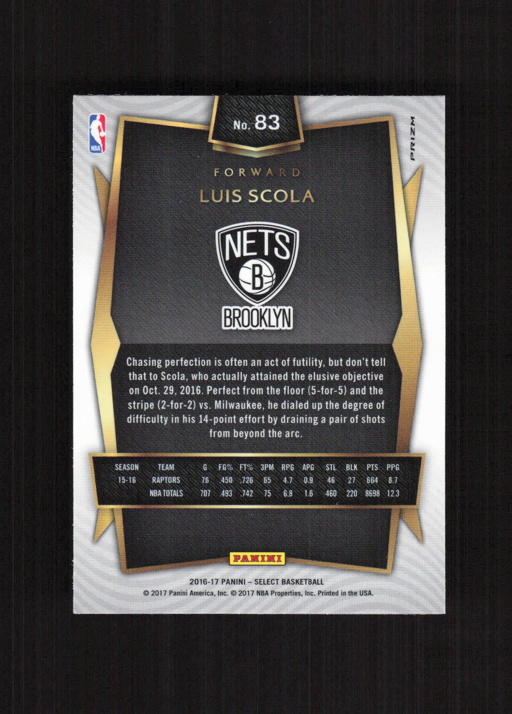 2016-17 Panini Select Silver Prizms #83 Luis Scola Brooklyn Nets