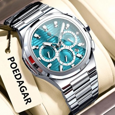 45MM POEDAGAR Men's Quartz Luxury Watch 30M Waterproof Stainless Luminous NEW