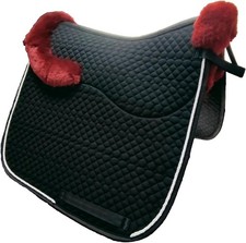 Woolous Dressage Saddle Pad, Square Horse Sheepskin 25x23.5 inches, Black/Red