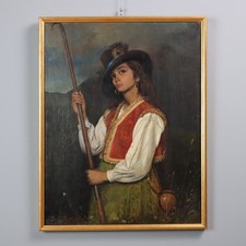 'Domenico Pesenti' La Pastorella Dipinto Olio su Tela Quadro Antico 800 Original