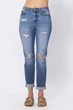 Judy Blue Womens High Waist Destroy Cuffed Boyfriend Denim Jeans - Light Blue