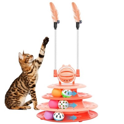 Interactive Kitty Puzzle Ball with 2 Cat-Tease Toys for Indoor Kitten Orange