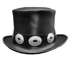 Gothic Steampunk Leather Top Hat Black Slash Style with Conchos Band Rocker