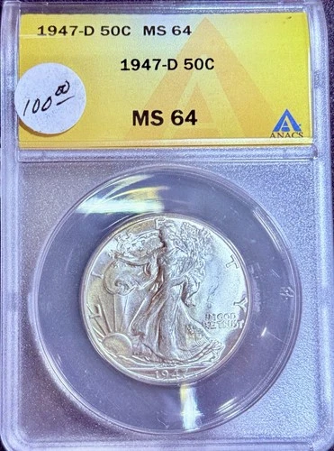 1947 D Walking Liberty Silver Half Dollar 50C ANACS MS 64 (Blast White)