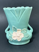 Weller Pottery 1930s Double Handled Wild Rose Vase Matte Sea Foam Green 5 1/2"
