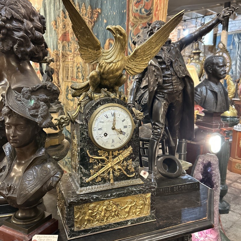 FRENCH Antique Marble Figural Bronze Mantel Clock Eagle, Raingo Feres, 1880