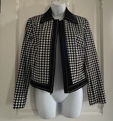 VTG Alberto Makali Houndstooth Black White Velveteen Flocked Crop Jacket 6 USA