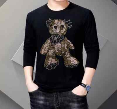 New Men Fashion Diamond Rhinestones Bear Luxury Black Long T-Shirt High Quality
