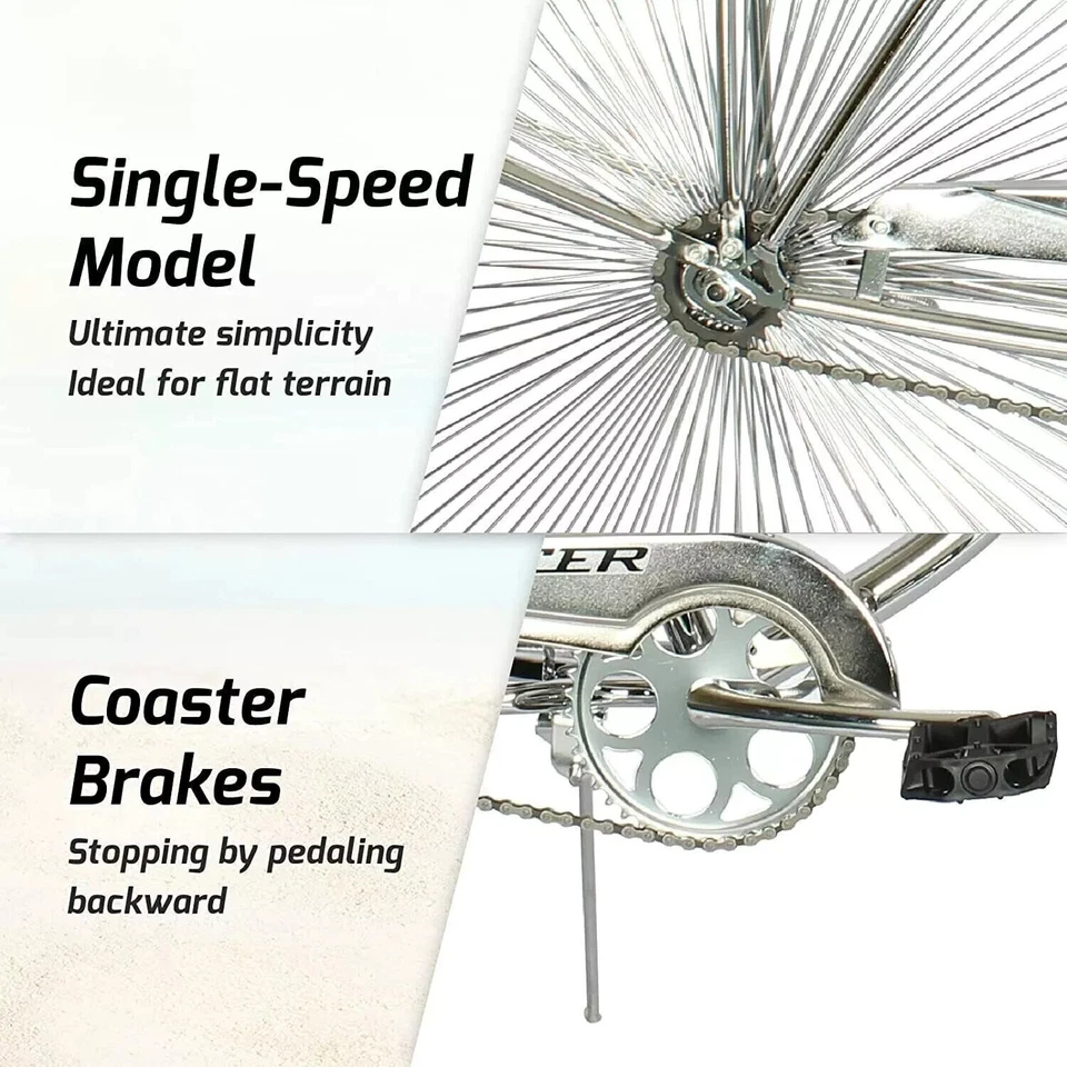 26" Beach Cruiser Chrome Bike 140 Spokes Single Speed Springer Fork Coaster Bike - Image 4 of 4